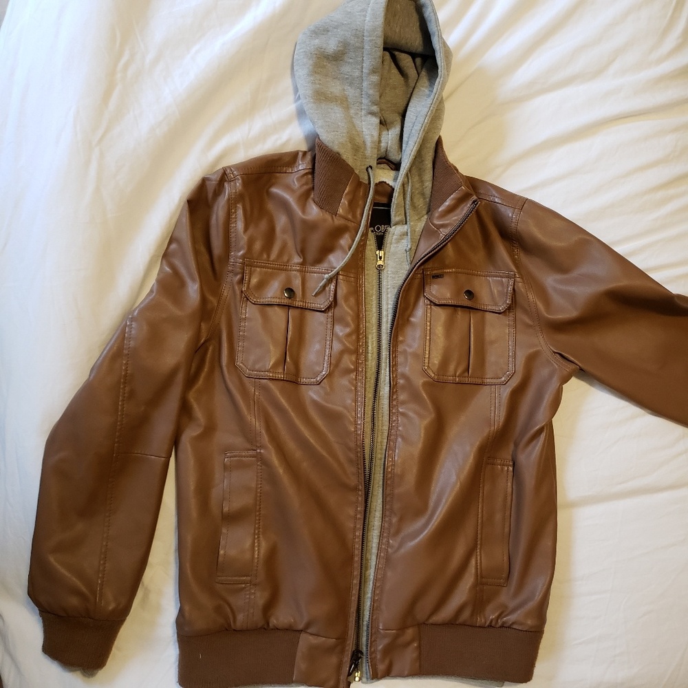 OBEY brown faux leather jacket, with hood- medium